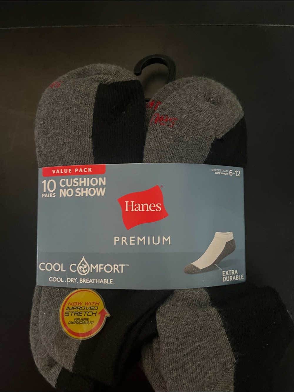Hanes Premium Men's No-Show Cushion Socks - Gray/Black (10 Pairs) - Picture 2 of 3